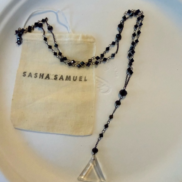 NWOT Sasha Samuel Black crystal Beaded Rosary Necklace with Quartz Pendant - Picture 3 of 4